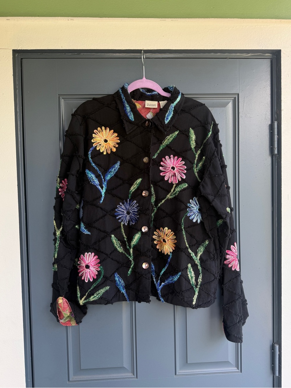 Black Floral Embroidered Button-Up Jacket - Designer Style